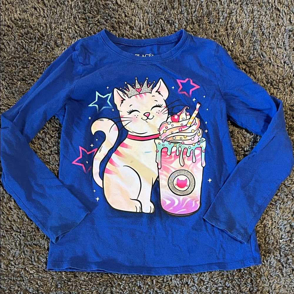 The Children's Place Blue Long Sleeve Tee with Cat and Milkshake